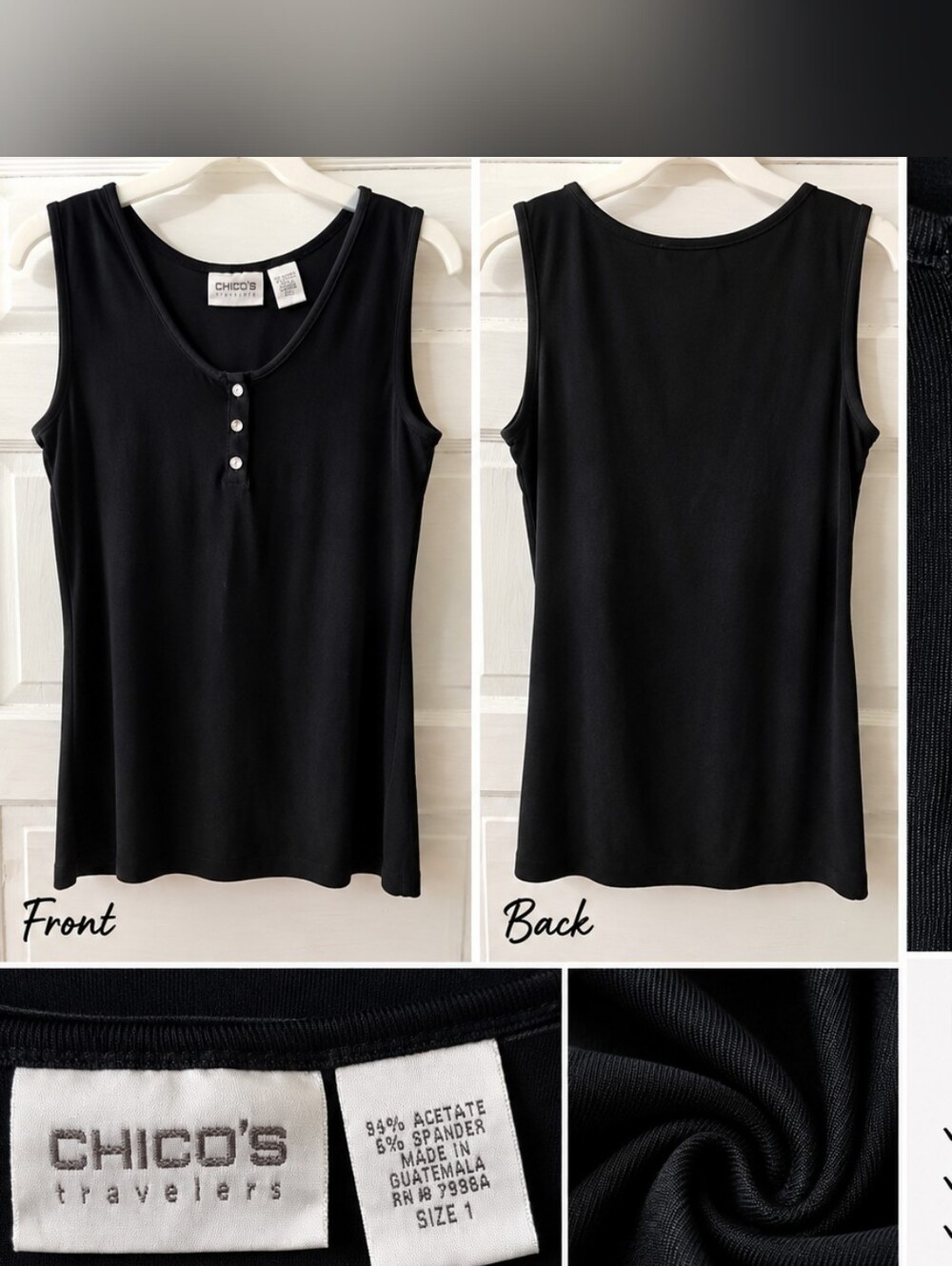 Chico's Black Sleeveless Henley Tank with Pearl-Like Buttons